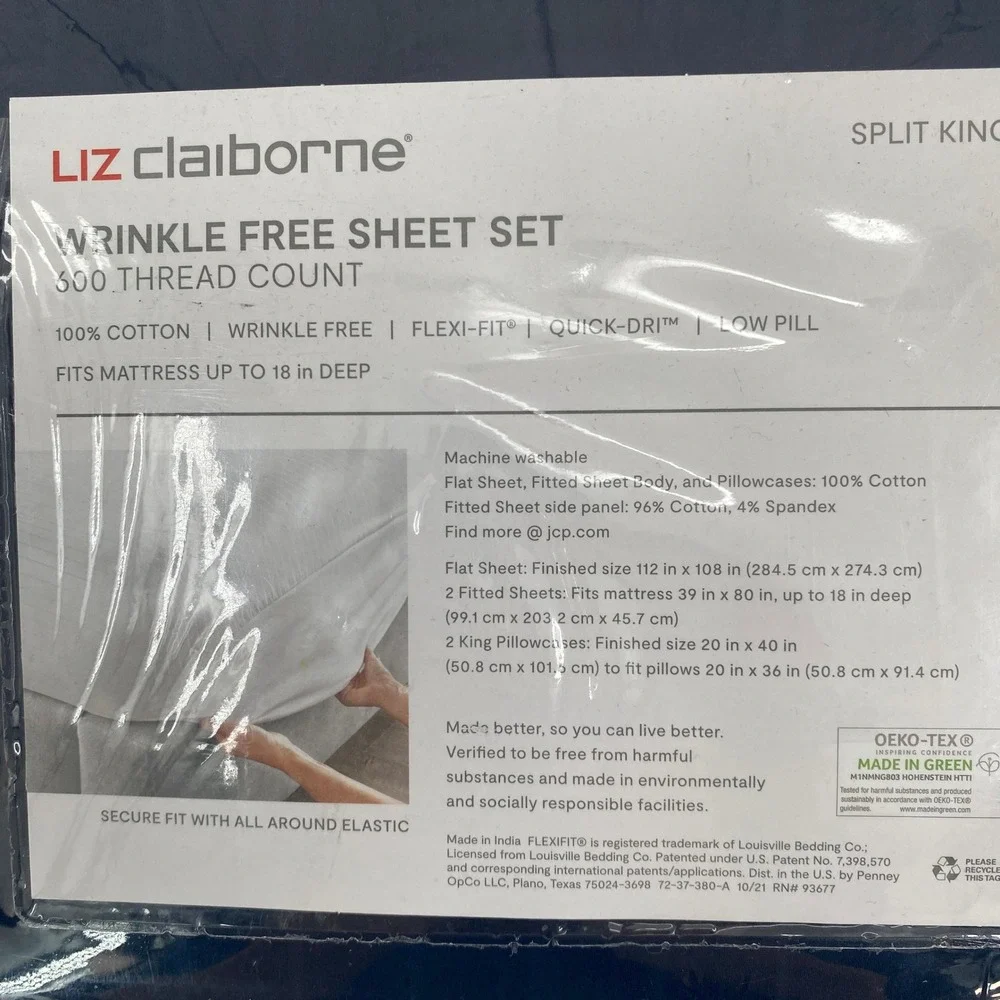 Liz Claiborne Sheet Set Split King Indigo Blue 600TC Cotton Wrinkle Free 5pc